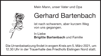 Traueranzeige von Gerhard Bartenbach von NWZ Neue Württembergische Zeitung