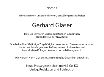 Traueranzeige von Gerhard Glaser von NWZ Neue Württembergische Zeitung