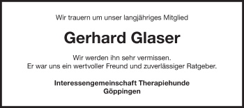 Traueranzeige von Gerhard Glaser von NWZ Neue Württembergische Zeitung/Geislinger Zeitung