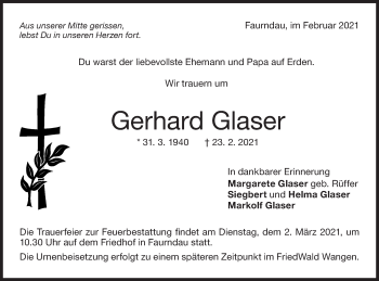 Traueranzeige von Gerhard Glaser von NWZ Neue Württembergische Zeitung/Geislinger Zeitung