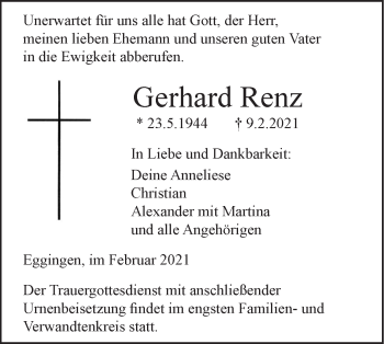 Traueranzeige von Gerhard Renz von SÜDWEST PRESSE Ausgabe Ulm/Neu-Ulm