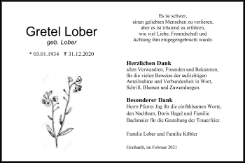 Traueranzeige von Gretel Lober von Hohenloher Tagblatt