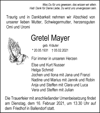 Traueranzeige von Gretel Mayer von SÜDWEST PRESSE Ausgabe Ulm/Neu-Ulm