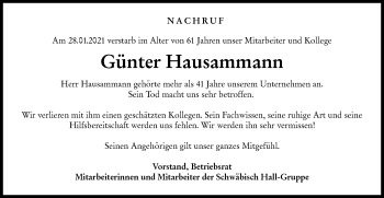 Traueranzeige von Günter Hausammann von Haller Tagblatt