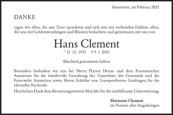 Traueranzeige von Hans Clement von Geislinger Zeitung