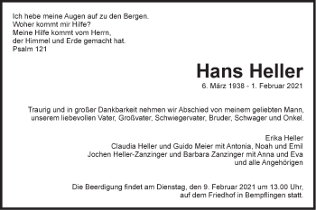 Traueranzeige von Hans Heller von Metzinger-Uracher Volksblatt