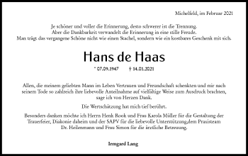 Traueranzeige von Hans de Haas von Haller Tagblatt