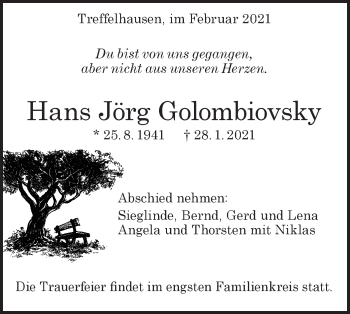 Traueranzeige von Hans Jörg Golombiovsky von Geislinger Zeitung