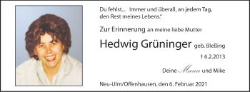 Traueranzeige von Hedwig Grüninger von SÜDWEST PRESSE Ausgabe Ulm/Neu-Ulm