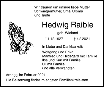 Traueranzeige von Hedwig Raible von SÜDWEST PRESSE Ausgabe Ulm/Neu-Ulm