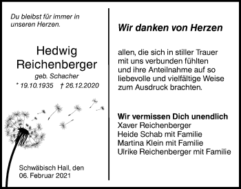 Traueranzeige von Hedwig Reichenberger von Haller Tagblatt