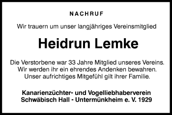 Traueranzeige von Heidrun Lemke von Haller Tagblatt