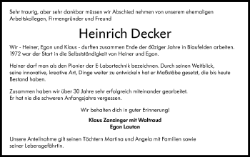 Traueranzeige von Heinrich Decker von Hohenloher Tagblatt