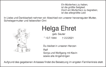 Traueranzeige von Helga Ehret von SÜDWEST PRESSE Ausgabe Ulm/Neu-Ulm