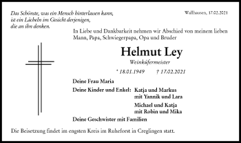 Traueranzeige von Helmut Ley von Hohenloher Tagblatt