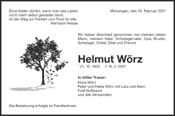 Traueranzeige von Helmut Wörz von Alb-Bote/Metzinger-Uracher Volksblatt