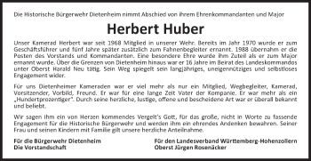 Traueranzeige von Herbert Huber von Illertal Bote