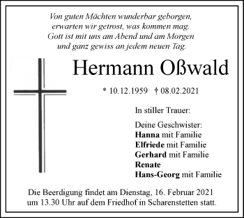 Traueranzeige von Hermann Oßwald von SÜDWEST PRESSE Ausgabe Ulm/Neu-Ulm