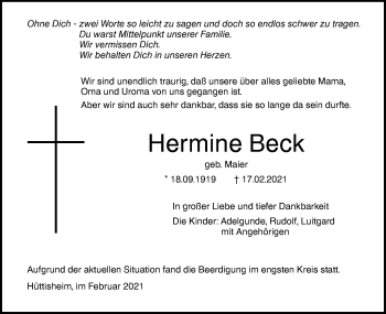 Traueranzeige von Hermine Beck von SÜDWEST PRESSE Ausgabe Ulm/Neu-Ulm