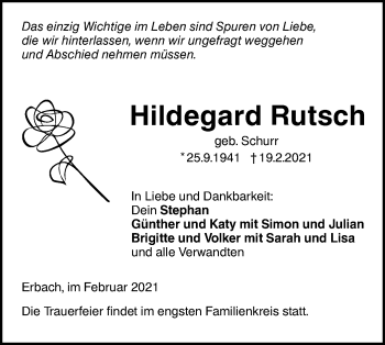 Traueranzeige von Hildegard Rutsch von SÜDWEST PRESSE Ausgabe Ulm/Neu-Ulm