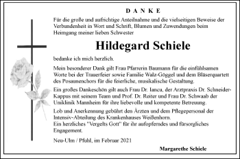 Traueranzeige von Hildegard Schiele von SÜDWEST PRESSE Ausgabe Ulm/Neu-Ulm