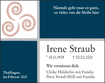 Traueranzeige von Irene Straub von SÜDWEST PRESSE Ausgabe Ulm/Neu-Ulm