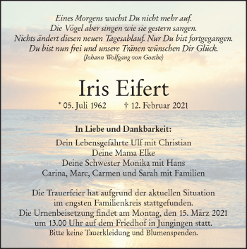 Traueranzeige von Iris Eifert von SÜDWEST PRESSE Ausgabe Ulm/Neu-Ulm