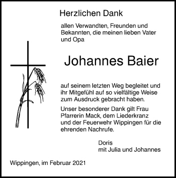 Traueranzeige von Johannes Baier von SÜDWEST PRESSE Ausgabe Ulm/Neu-Ulm