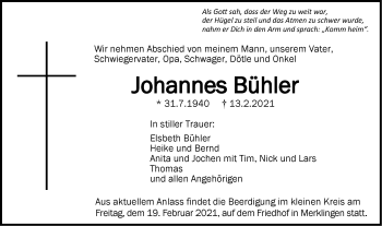 Traueranzeige von Johannes Bühler von SÜDWEST PRESSE Ausgabe Ulm/Neu-Ulm