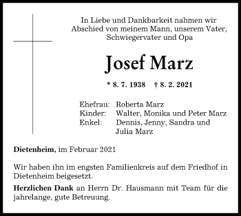 Traueranzeige von Josef Marz von Illertal Bote