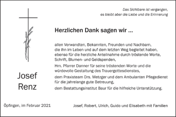 Traueranzeige von Josef Renz von Ehinger Tagblatt