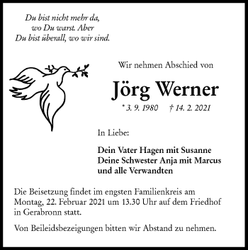 Traueranzeige von Jörg Werner von Hohenloher Tagblatt