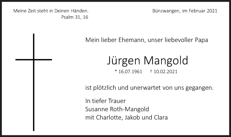  Traueranzeige für Jürgen Mangold vom 13.02.2021 aus NWZ Neue Württembergische Zeitung