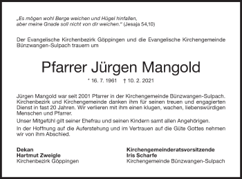 Traueranzeige von Jürgen Mangold von NWZ Neue Württembergische Zeitung