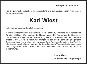 Traueranzeige von Karl Wiest von Metzinger-Uracher Volksblatt