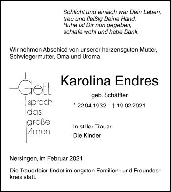 Traueranzeige von Karolina Endres von SÜDWEST PRESSE Ausgabe Ulm/Neu-Ulm