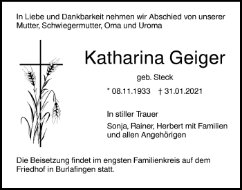 Traueranzeige von Katharina Geiger von SÜDWEST PRESSE Ausgabe Ulm/Neu-Ulm