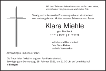 Traueranzeige von Klara Miehle von Ehinger Tagblatt