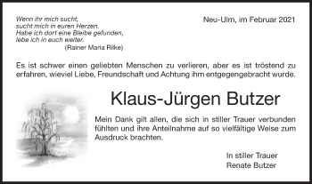 Traueranzeige von Klaus-Jürgen Butzer von SÜDWEST PRESSE Ausgabe Ulm/Neu-Ulm