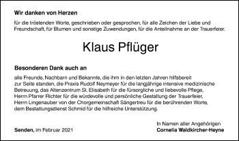 Traueranzeige von Klaus Pflüger von SÜDWEST PRESSE Ausgabe Ulm/Neu-Ulm