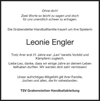 Traueranzeige von Leonie Engler von Metzinger-Uracher Volksblatt