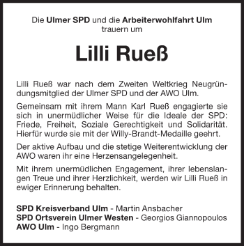 Traueranzeige von Lilli Rueß von SÜDWEST PRESSE Ausgabe Ulm/Neu-Ulm