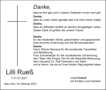 Traueranzeige von Lilli Rueß von SÜDWEST PRESSE Ausgabe Ulm/Neu-Ulm