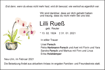 Traueranzeige von Lilli Rueß von SÜDWEST PRESSE Ausgabe Ulm/Neu-Ulm