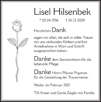 Traueranzeige von Lisel Hilsenbek von SÜDWEST PRESSE Ausgabe Ulm/Neu-Ulm