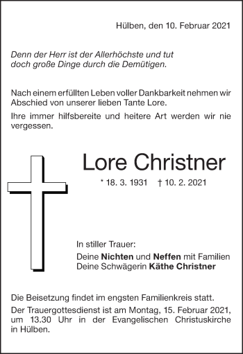 Traueranzeige von Lore Christner von Metzinger-Uracher Volksblatt