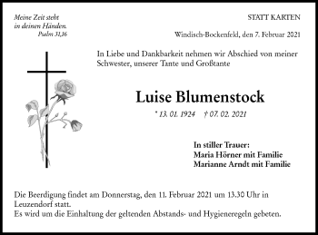 Traueranzeige von Luise Blumenstock von Hohenloher Tagblatt