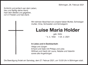 Traueranzeige von Luise Maria Holder von Alb-Bote/Metzinger-Uracher Volksblatt