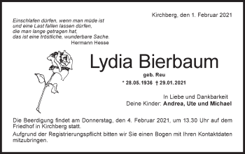 Traueranzeige von Lydia Bierbaum von Hohenloher Tagblatt