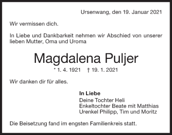 Traueranzeige von Magdalena Puljer von NWZ Neue Württembergische Zeitung